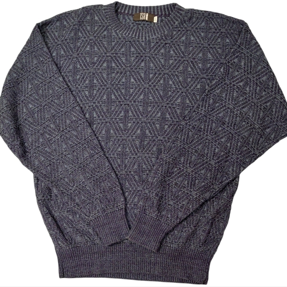 TSR USA Men's Crewneck Textured Preppy Sweater Geometric Knit Teal Blue NWOT